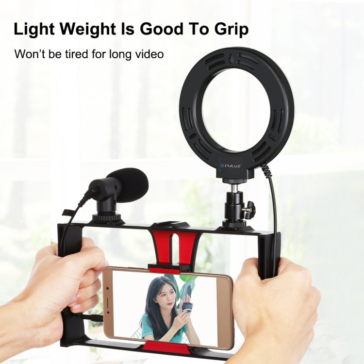 PULUZ 4 in 1 Vlogging Live Broadcast Smartphone Video Rig + 4.7 inch 12cm Ring LED Selfie Light Kits with Microphone + Tripod Mount + Cold Shoe Tripod Head for iPhone, Galaxy, Huawei, Xiaomi, HTC, LG, Google, and Other Smartphones(Red) - Camera Cage by PULUZ | Online Shopping UK | buy2fix