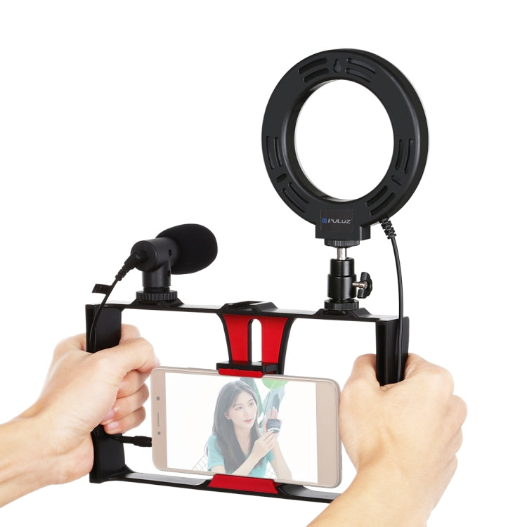 PULUZ 3 in 1 Vlogging Live Broadcast Smartphone Video Rig + Microphone +  4.7 inch 12cm Ring LED Selfie Light Kits with Cold Shoe Tripod Head for iPhone, Galaxy, Huawei, Xiaomi, HTC, LG, Google, and Other Smartphones(Red) - Camera Cage by PULUZ | Online Shopping UK | buy2fix