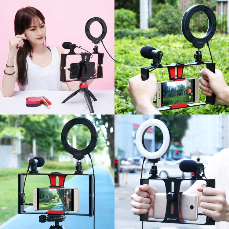 PULUZ 3 in 1 Vlogging Live Broadcast Smartphone Video Rig + Microphone +  4.7 inch 12cm Ring LED Selfie Light Kits with Cold Shoe Tripod Head for iPhone, Galaxy, Huawei, Xiaomi, HTC, LG, Google, and Other Smartphones(Red) - Camera Cage by PULUZ | Online Shopping UK | buy2fix