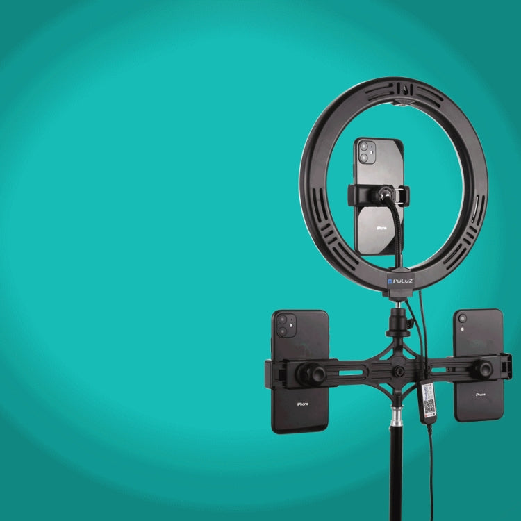 PULUZ 10.2 inch 26cm Curved Surface RGBW LED Ring Light + 1.1m Tripod Mount + Dual Phone Brackets Horizontal Holder + Vlogging Video Light  Live Broadcast Kits with Remote Control & Phone Clamp(Black) - Ring Light by PULUZ | Online Shopping UK | buy2fix