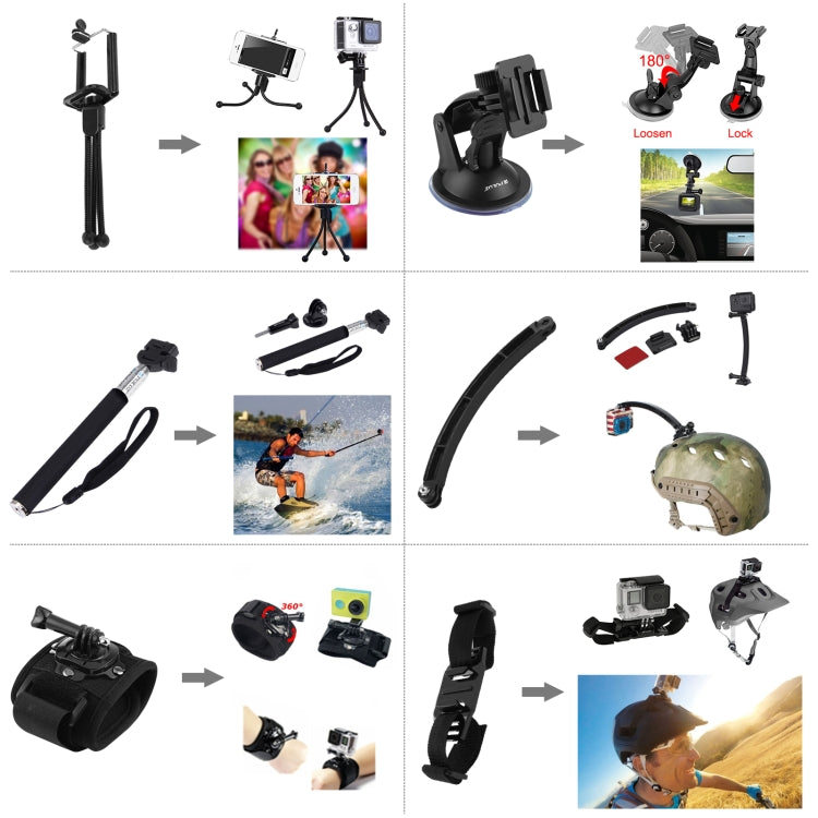 PULUZ 50 in 1 Accessories Total Ultimate Combo Kits with EVA Case (Chest Strap + Suction Cup Mount + 3-Way Pivot Arms + J-Hook Buckle + Wrist Strap + Helmet Strap + Extendable Monopod + Surface Mounts ...  for GoPro, Insta360, DJI and Other Action Cameras -  by PULUZ | Online Shopping UK | buy2fix