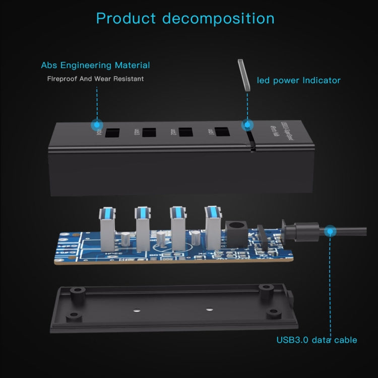 4 Ports USB 3.0 Hub Splitter with LED, Super Speed 5Gbps, BYL-P104(Black) - USB 3.0 HUB by buy2fix | Online Shopping UK | buy2fix