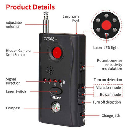 CC308+ Multi Wireless Camera Lens Detector Radio Wave Signal Detect Full-range RF GSM Device Finder(EU Plug) - Security by buy2fix | Online Shopping UK | buy2fix