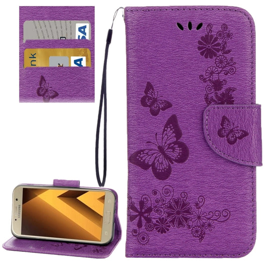 For Galaxy A7 (2017) / A720 Butterflies Embossing Horizontal Flip Leather Case with Holder & Card Slots & Wallet & Lanyard (Purple) - Samsung Accessories by buy2fix | Online Shopping UK | buy2fix