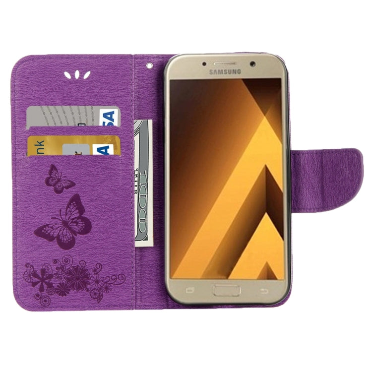 For Galaxy A7 (2017) / A720 Butterflies Embossing Horizontal Flip Leather Case with Holder & Card Slots & Wallet & Lanyard (Purple) - Samsung Accessories by buy2fix | Online Shopping UK | buy2fix