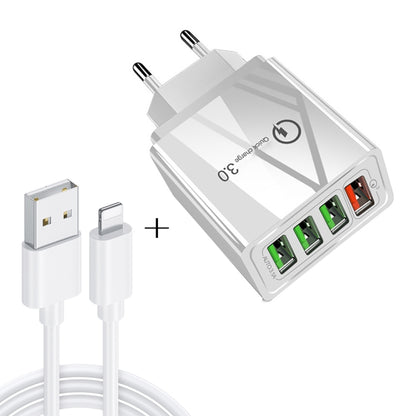 2 in 1 1m USB to 8 Pin Data Cable + 30W QC 3.0 4 USB Interfaces Mobile Phone Tablet PC Universal Quick Charger Travel Charger Set, EU Plug(White) - USB Charger by buy2fix | Online Shopping UK | buy2fix