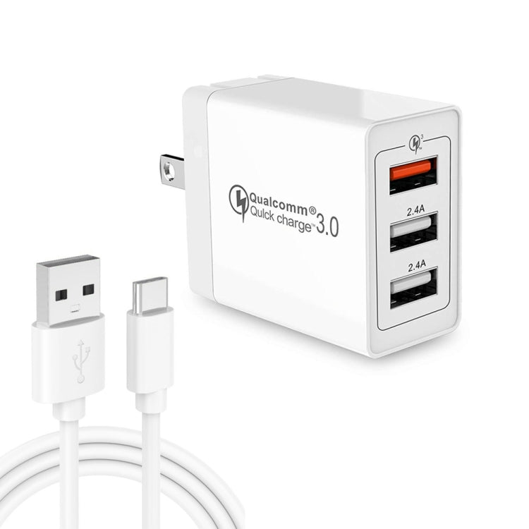 SDC-30W 2 in 1 USB to USB-C / Type-C Data Cable + 30W QC 3.0 USB + 2.4A Dual USB 2.0 Ports Mobile Phone Tablet PC Universal Quick Charger Travel Charger Set, US Plug - Mobile Accessories by buy2fix | Online Shopping UK | buy2fix