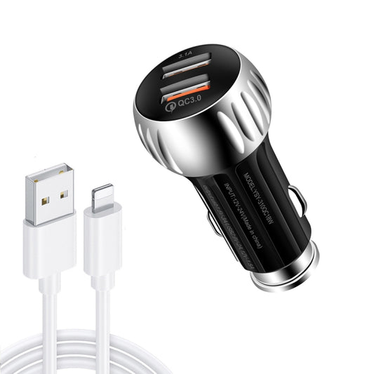 YSY-310QC18W QC3.0 Dual Port USB Car Charger + 3A USB to 8 Pin Data Cable, Cable Length: 1m(Black) - Car Charger by buy2fix | Online Shopping UK | buy2fix