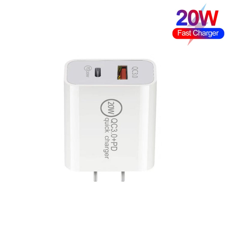 20W PD Type-C + QC 3.0 USB Interface Fast Charging Travel Charger with USB to 8 Pin Fast Charge Data Cable US Plug - Apple Accessories by buy2fix | Online Shopping UK | buy2fix