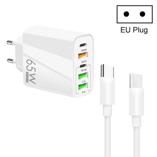 65W Dual PD Type-C + 3 x USB Multi Port Charger with 3A Type-C to Type-C Data Cable, EU Plug(White) - Mobile Accessories by buy2fix | Online Shopping UK | buy2fix