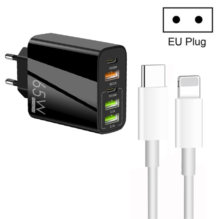 65W Dual PD Type-C + 3 x USB Multi Port Charger with 3A Type-C to 8 Pin Data Cable, EU Plug(Black) - USB Charger by buy2fix | Online Shopping UK | buy2fix