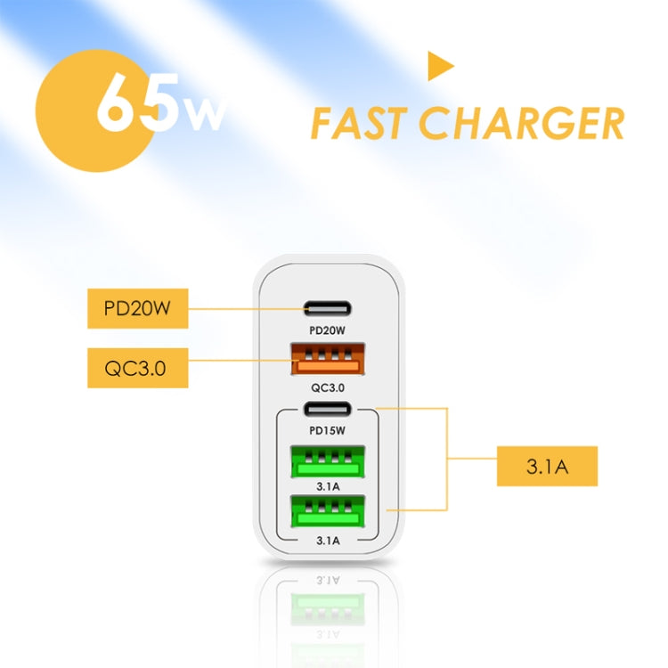 65W Dual PD Type-C + 3 x USB Multi Port Charger with 3A USB to Type-C Data Cable, US Plug(Black) - Mobile Accessories by buy2fix | Online Shopping UK | buy2fix