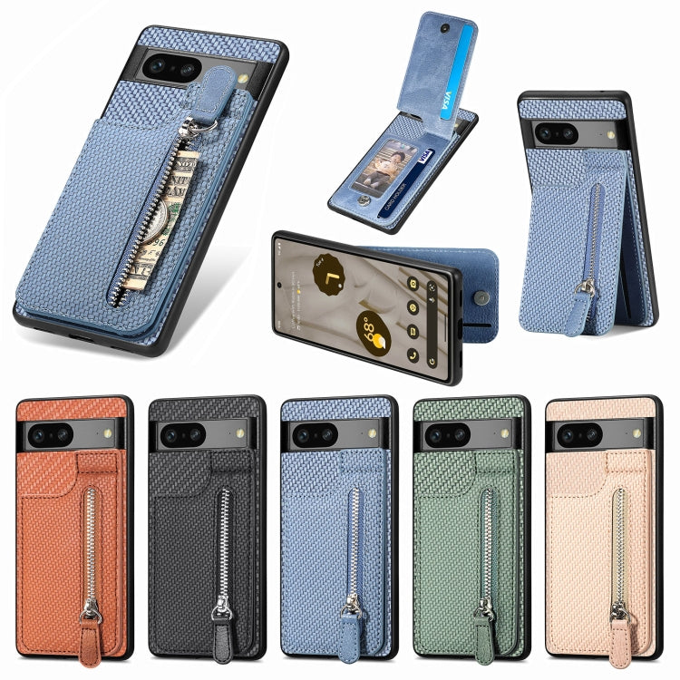 For Google Pixel 7A Carbon Fiber Vertical Flip Zipper Phone Case(Brown) - Google Cases by buy2fix | Online Shopping UK | buy2fix