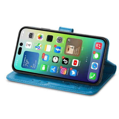 For iPhone 15 Pro Max Four-leaf Clasp Embossed Buckle Leather Phone Case(Blue) - iPhone 15 Pro Max Cases by buy2fix | Online Shopping UK | buy2fix
