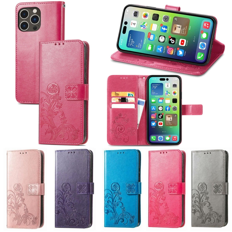 For iPhone 15 Plus Four-leaf Clasp Embossed Buckle Leather Phone Case(Purple) - iPhone 15 Plus Cases by buy2fix | Online Shopping UK | buy2fix