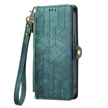 For Google Pixel 7A Geometric Zipper Wallet Side Buckle Leather Phone Case(Green) - Google Cases by buy2fix | Online Shopping UK | buy2fix