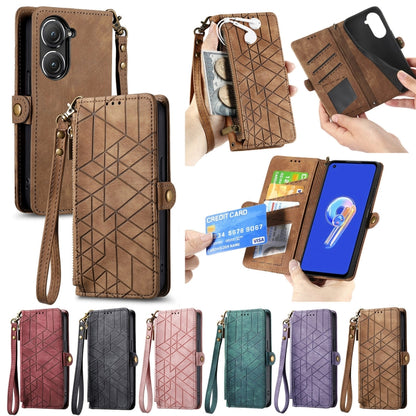 For ASUS Zenfone 10 Geometric Zipper Wallet Side Buckle Leather Phone Case(Black) - ASUS Cases by buy2fix | Online Shopping UK | buy2fix