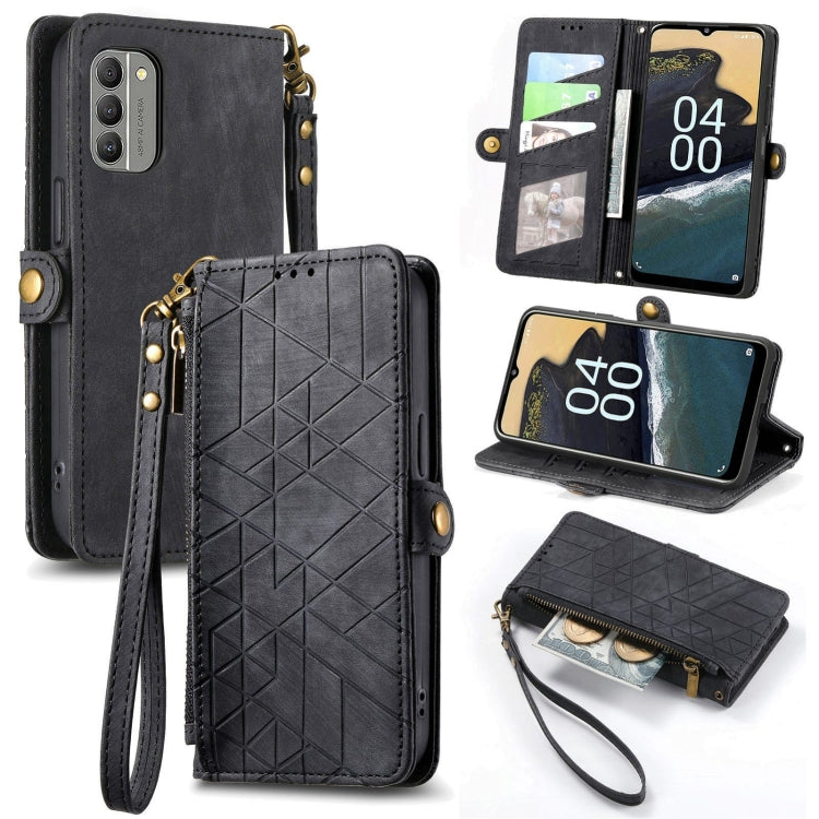 For Nokia G400 Geometric Zipper Wallet Side Buckle Leather Phone Case(Black) - Nokia Cases by buy2fix | Online Shopping UK | buy2fix