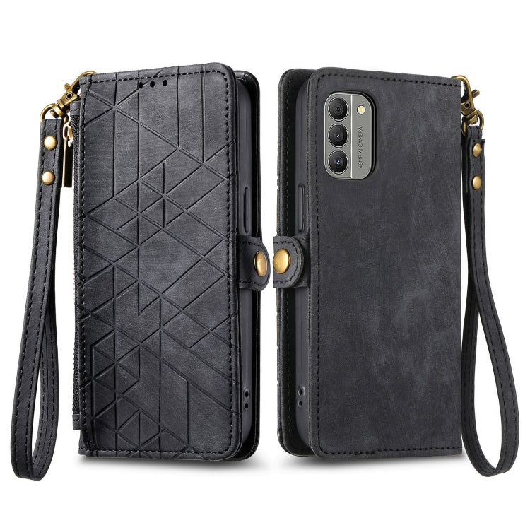 For Nokia G400 Geometric Zipper Wallet Side Buckle Leather Phone Case(Black) - Nokia Cases by buy2fix | Online Shopping UK | buy2fix