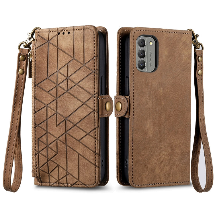 For Nokia G22 Geometric Zipper Wallet Side Buckle Leather Phone Case(Brown) - Nokia Cases by buy2fix | Online Shopping UK | buy2fix