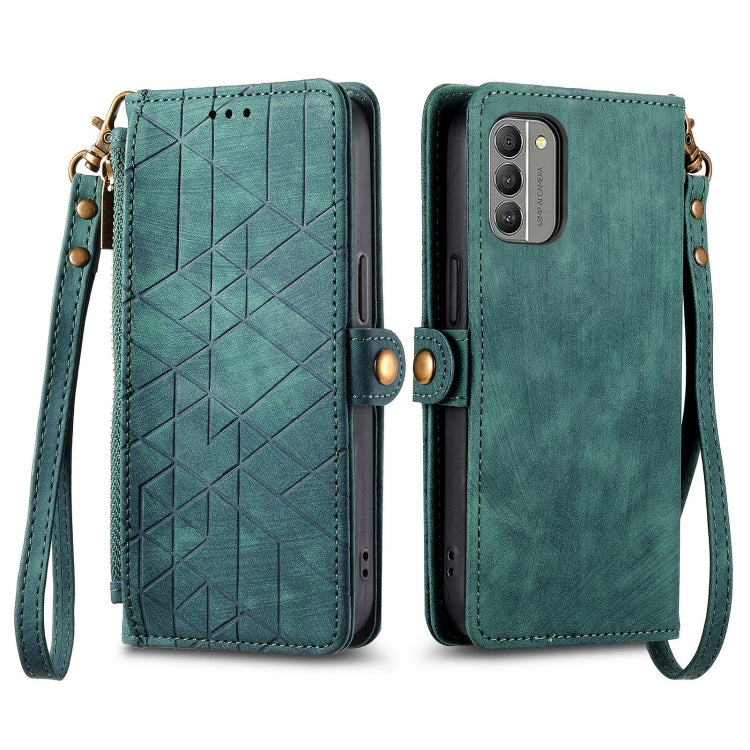 For Nokia G11/G21 Geometric Zipper Wallet Side Buckle Leather Phone Case(Green) - Nokia Cases by buy2fix | Online Shopping UK | buy2fix