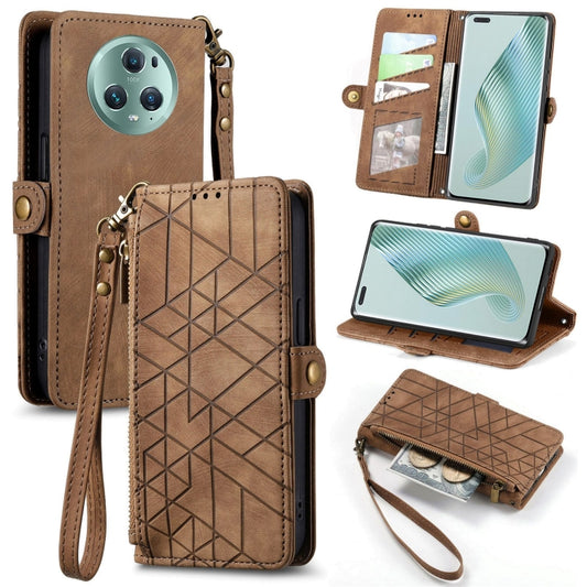 For Honor Magic5 Geometric Zipper Wallet Side Buckle Leather Phone Case(Brown) - Honor Cases by buy2fix | Online Shopping UK | buy2fix