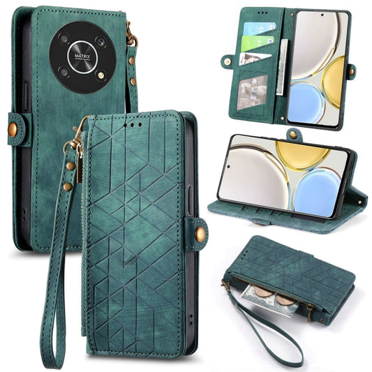 For Honor Magic4 Lite Geometric Zipper Wallet Side Buckle Leather Phone Case(Green) - Honor Cases by buy2fix | Online Shopping UK | buy2fix