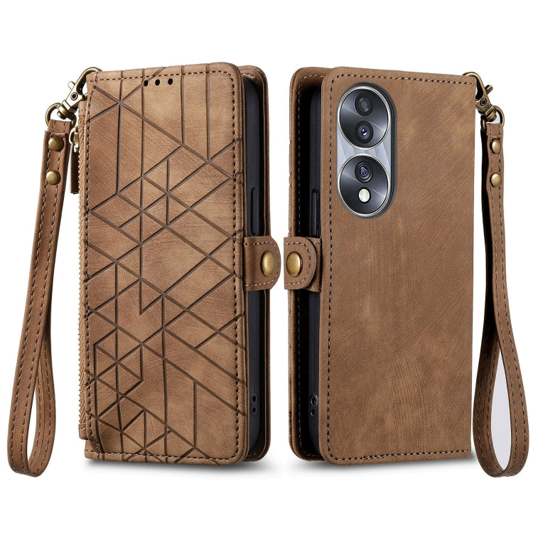 For Honor 60 Pro Geometric Zipper Wallet Side Buckle Leather Phone Case(Brown) - Honor Cases by buy2fix | Online Shopping UK | buy2fix