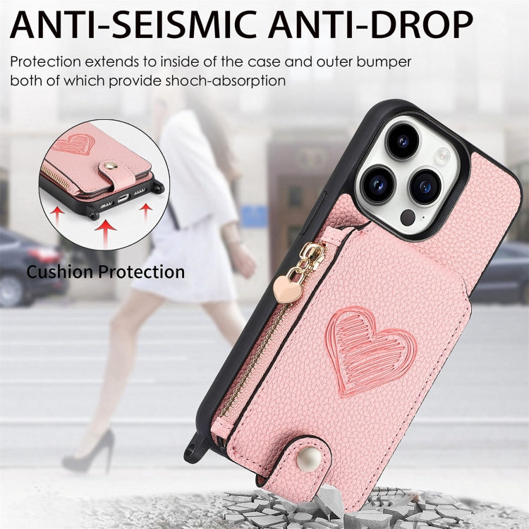 For iPhone 15 Pro Max Crossbody Love Zipper Leather Back Phone Case(Pink) - iPhone 15 Pro Max Cases by buy2fix | Online Shopping UK | buy2fix