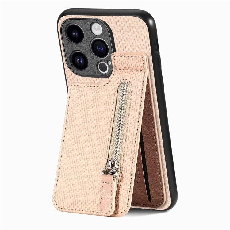 For iPhone 15 Pro Max Carbon Fiber Vertical Flip Zipper Phone Case(Khaki) - iPhone 15 Pro Max Cases by buy2fix | Online Shopping UK | buy2fix