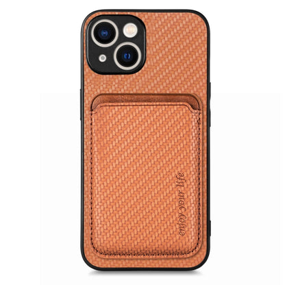 For iPhone 15 Plus Carbon Fiber Leather Card Magsafe Phone Case(Brown) - iPhone 15 Plus Cases by buy2fix | Online Shopping UK | buy2fix