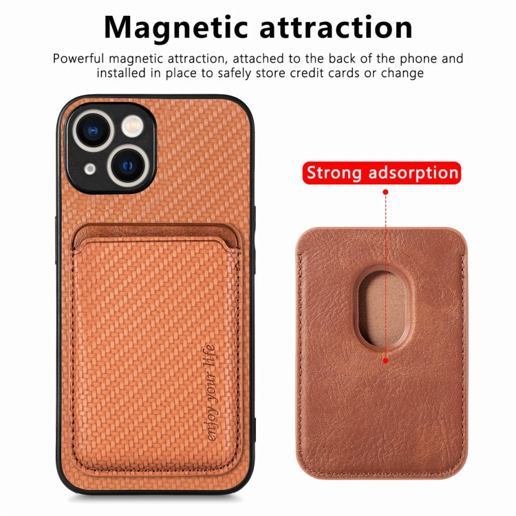 For iPhone 15 Plus Carbon Fiber Leather Card Magsafe Phone Case(Brown) - iPhone 15 Plus Cases by buy2fix | Online Shopping UK | buy2fix