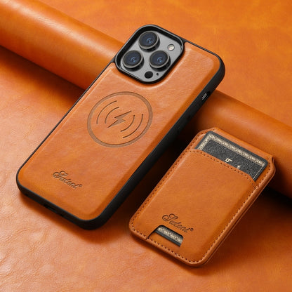 For iPhone 13 Suteni H15 MagSafe Oil Eax Leather Detachable Wallet Back Phone Case(Khaki) - iPhone 13 Cases by Suteni | Online Shopping UK | buy2fix