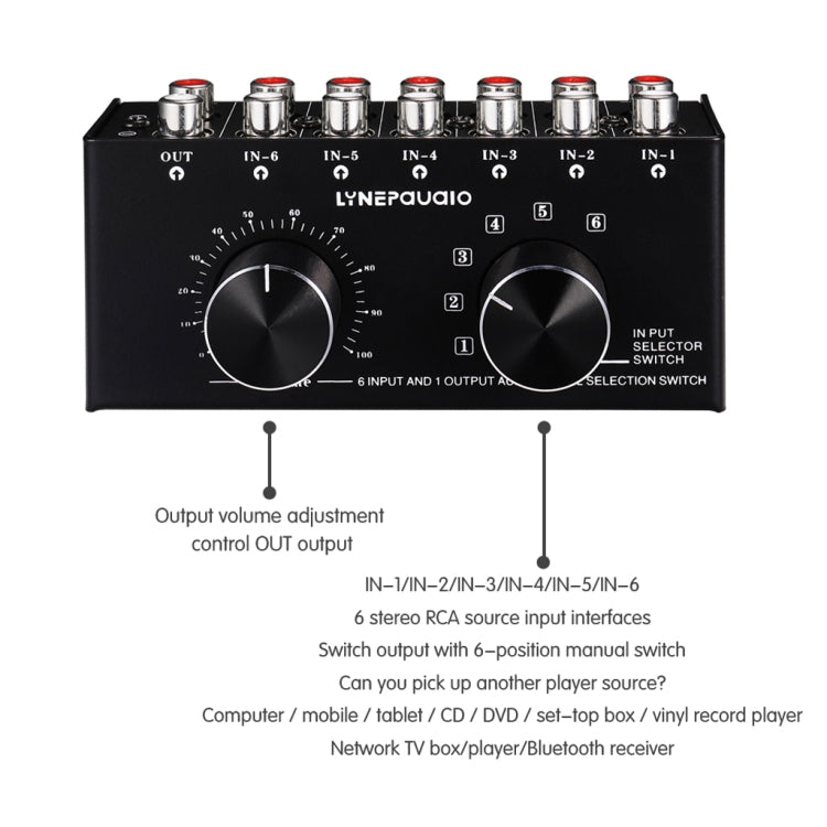 B016 6 Input 1 Output Audio Signal Source Selection Switcher, Output Volume Adjustment Control RCA Port - Consumer Electronics by buy2fix | Online Shopping UK | buy2fix