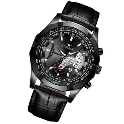 FNGEEN S001 Men Waterproof Watch Calendar Watch(Black Leather Black Steel Black Surface) - Alloy Watches by FNGEEN | Online Shopping UK | buy2fix