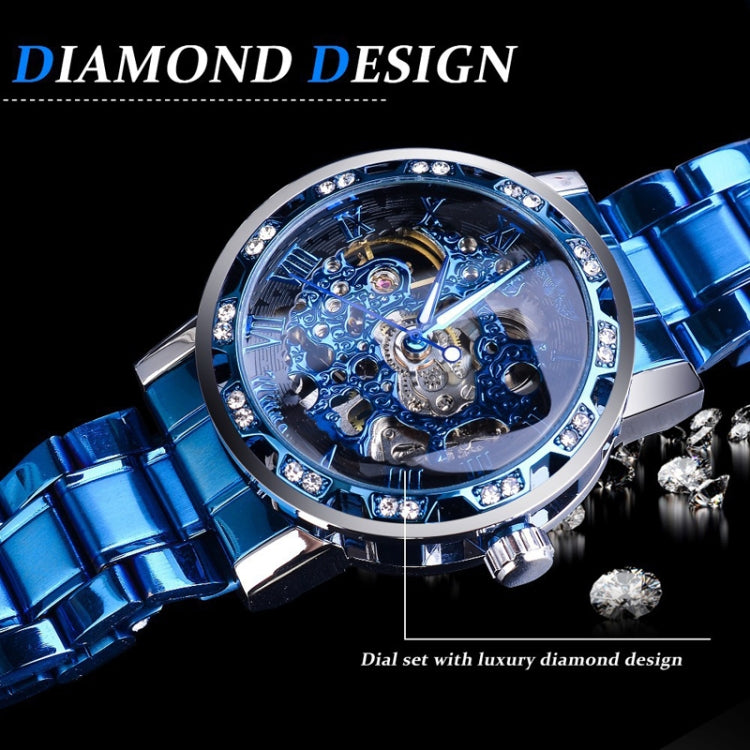 Winner Leisure Skeleton Diamond Luminous Pointer Watch Men Manual Mechanical Watch(Silver Belt Silver Shell Blue Face) - Metal Strap Watches by Winner | Online Shopping UK | buy2fix