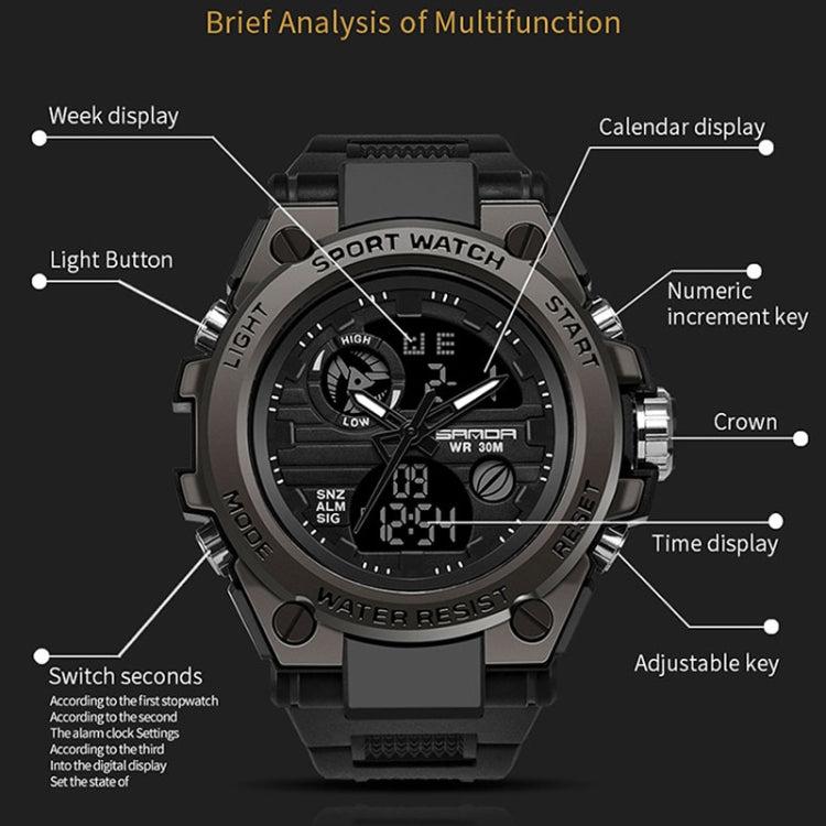 SANDA 739 Multifunctional Waterproof Sports Watch Chronograph Calendar Alarm Night Light Watch(Black) - Sport Watches by buy2fix | Online Shopping UK | buy2fix