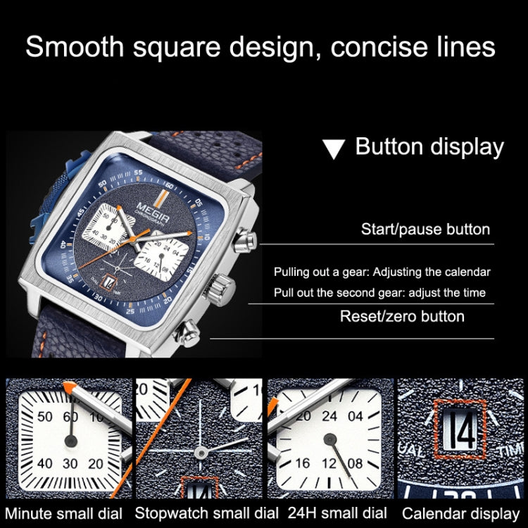 MEGIR 2182 Men Business Chronograph Calendar Waterproof Luminous Watch Square Quartz Watch(Blue Face Blue Belt) - Leather Strap Watches by MEGIR | Online Shopping UK | buy2fix