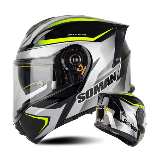 SOMAN Racing Motorcycle Double Lens Riding Safety Helmet, Size: M(Silver Gray Yellow Vision) - Helmets by SOMAN | Online Shopping UK | buy2fix