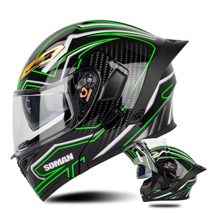 SOMAN Motorcycle Dual Lens Riding Peel-Off Full Coverage Helmet, Size: XXL(Bright Black Green) - Helmets by SOMAN | Online Shopping UK | buy2fix