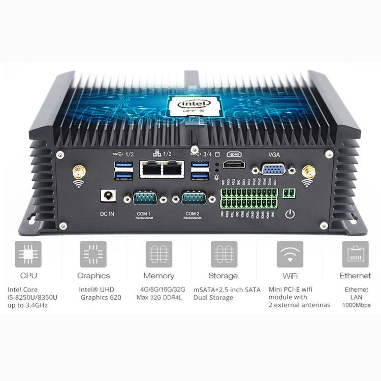 HYSTOU P12-I5-8250U Fanless Mini PC Intel Core i5-8250U Processor Quad Core up to 1.6GHz, RAM: 4G, ROM: 128G, Support Win 7 / 8 / 10 / Linux(Black) - Barebone Mini PCs by HYSTOU | Online Shopping UK | buy2fix