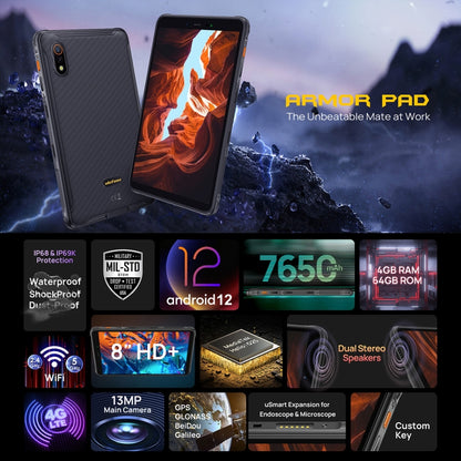 [HK Warehouse] Ulefone Armor Pad Rugged Tablet PC, 8.0 inch, 4GB+64GB, IP68 Waterproof Shockproof Dustproof, Android 12 MediaTek Helio G25 Octa Core, Support uSmart Expansion, Network: 4G, EU Plug (Black) - Other by Ulefone | Online Shopping UK | buy2fix
